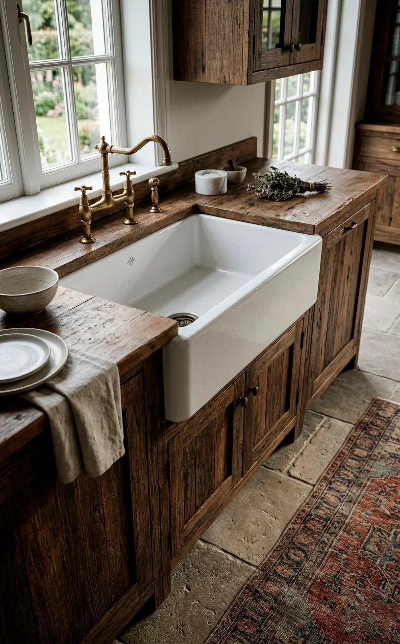 Hero shot of a white fireclay farmhouse sink with reclaimed wood cabinets in a sunny kitchen.
