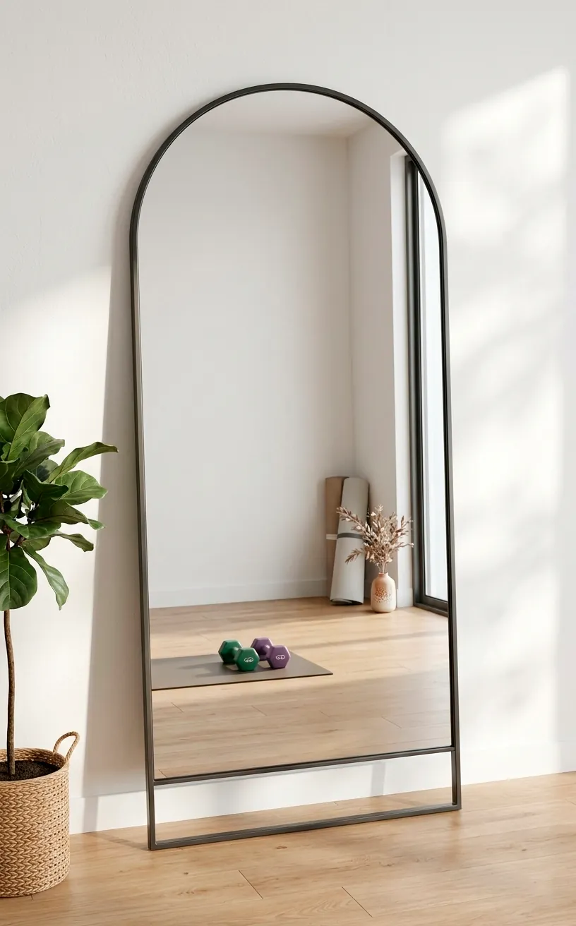 Large arched floor mirror leaning against a white wall reflecting a bright home gym space.