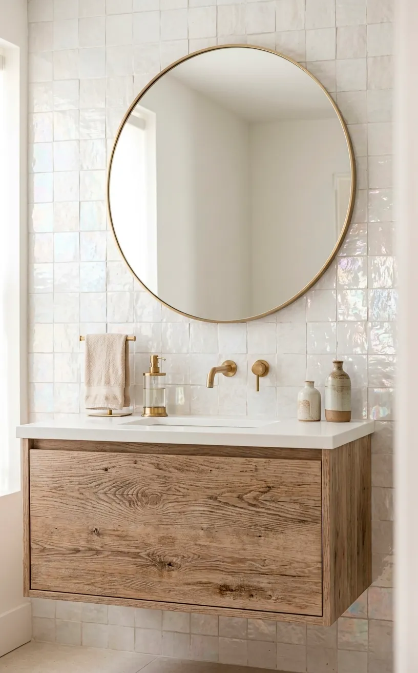 Weathered oak bathroom vanity with white quartz countertop and zellige tiles.