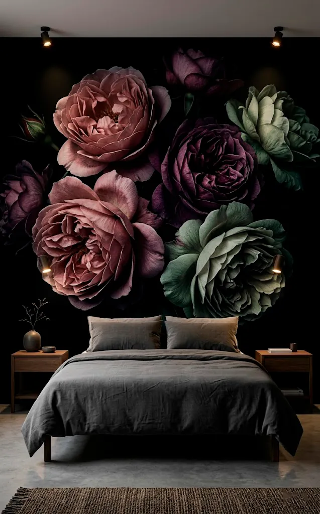 Large dark floral wall mural with oversized peonies in a moody bedroom setting.