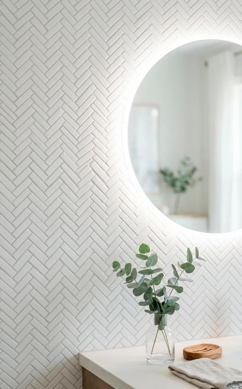 Vertical herringbone white tile accent wall with a backlit round mirror in a modern bathroom.