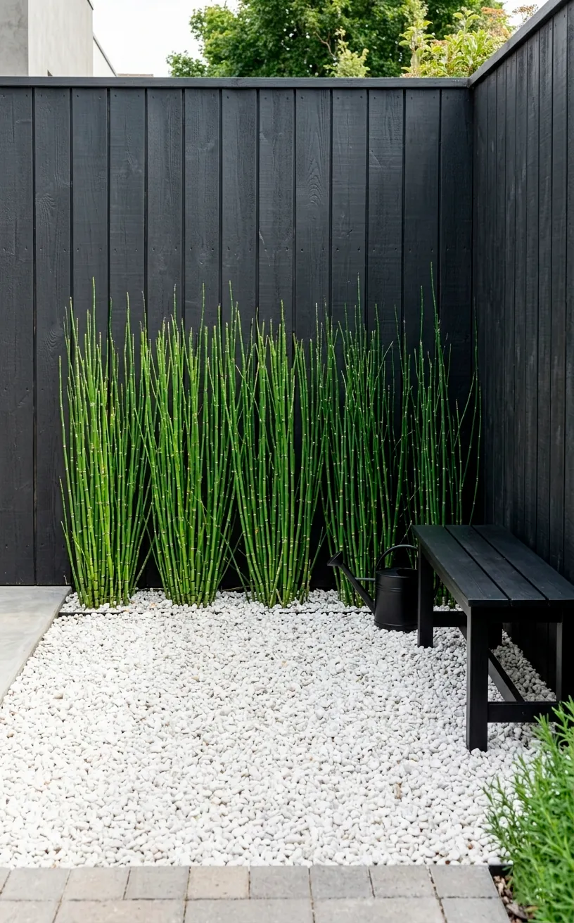 Minimalist backyard design with charcoal fencing, green reeds, and white gravel.