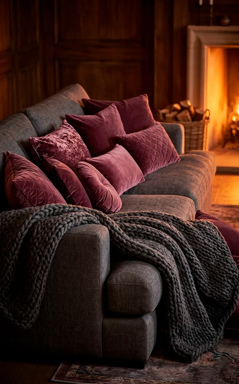 Plum velvet pillows and charcoal knit throw on a dark grey sofa.