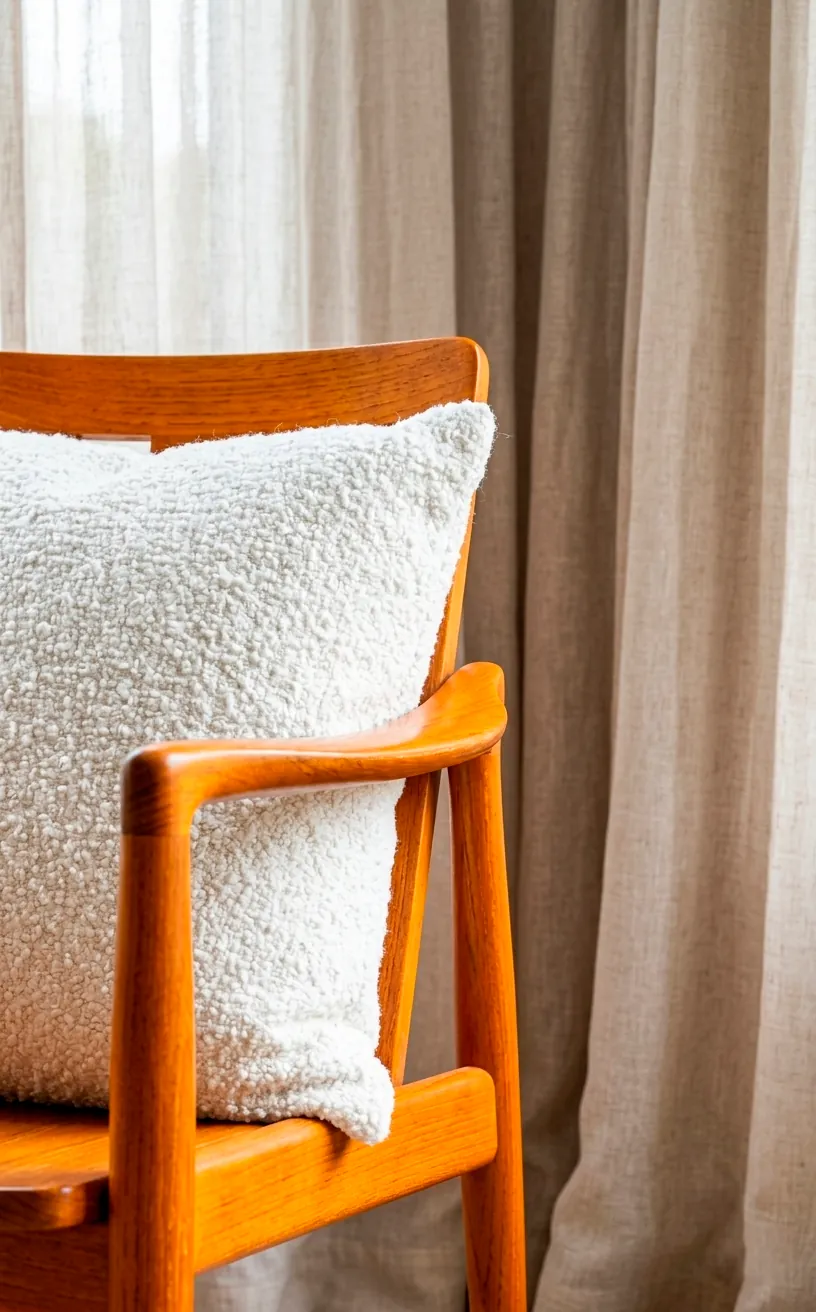 Mid century teak armchair with cream bouclé upholstery in a bright room.