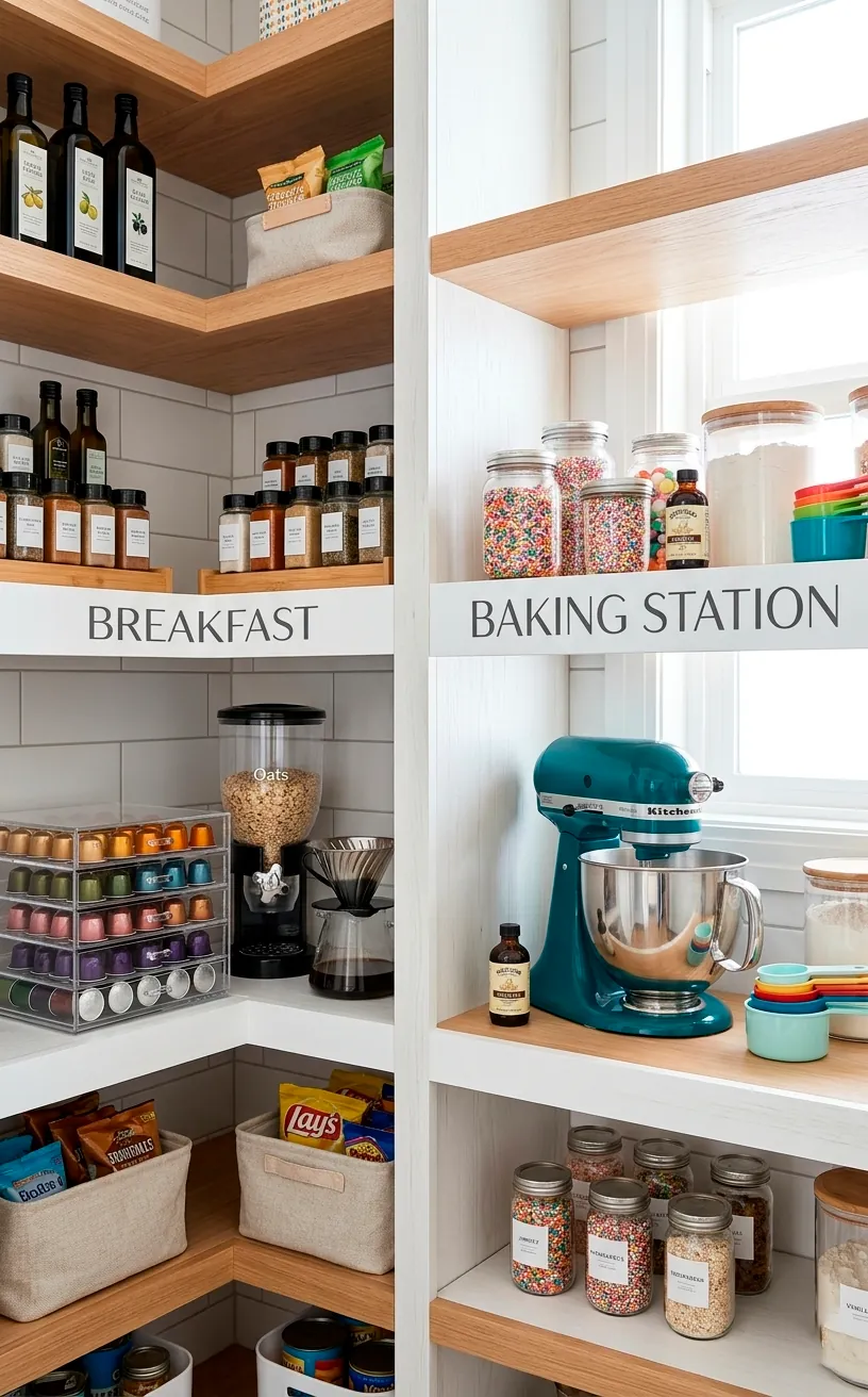 Kitchen pantry organized into functional baking and breakfast zones.