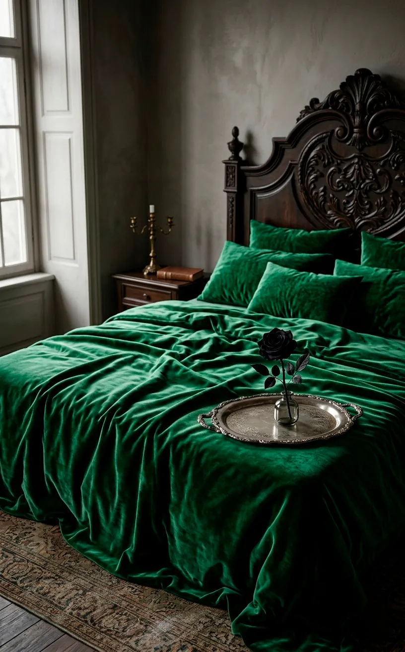 Luxurious emerald green velvet bedding on a dark carved wooden bed in a moody room.
