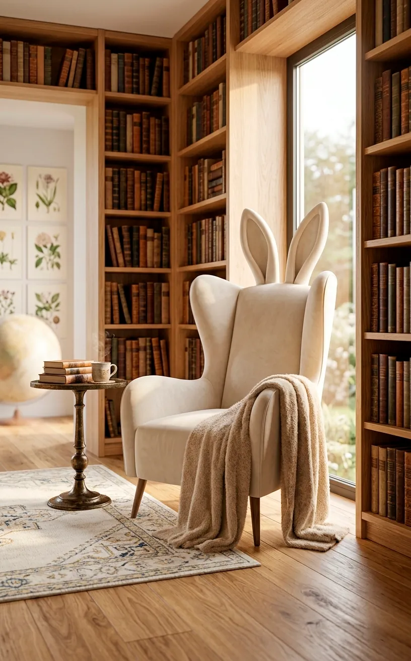 Luxury ivory velvet armchair with rabbit-ear back wings in a sunlit reading nook.