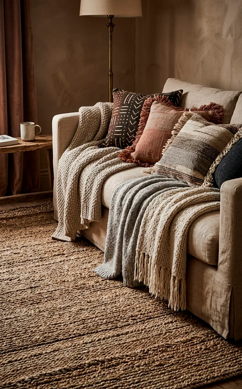 Cozy sofa with layered linen and wool textures over a natural jute rug.