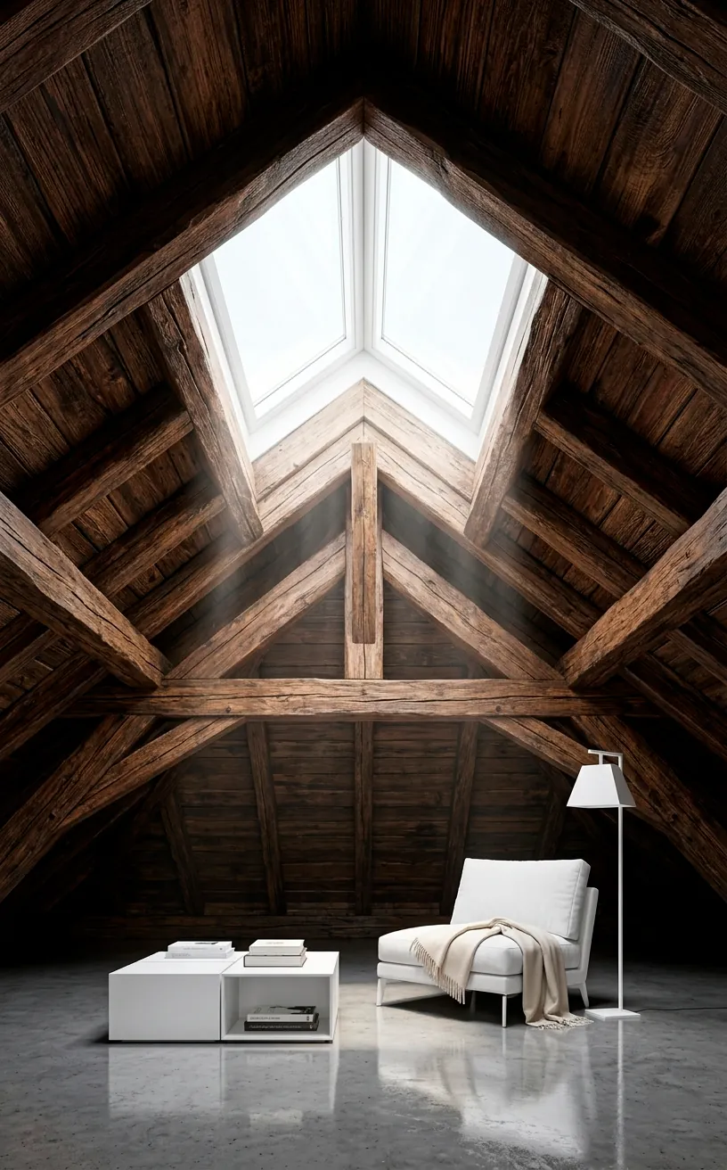 Exposed reclaimed timber beams in a bright, modern attic loft with natural lighting.