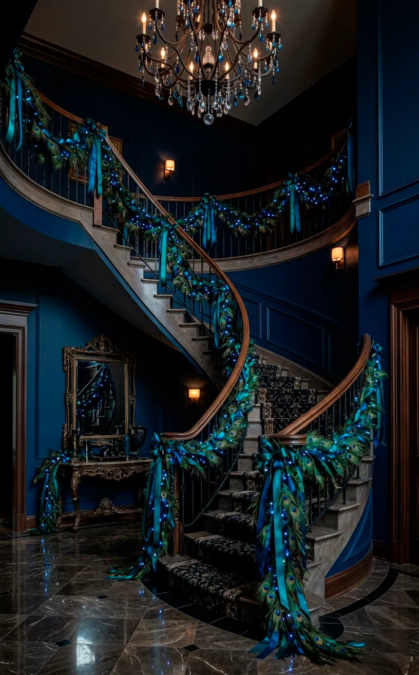 Grand staircase with a dramatic peacock feather and teal holiday garland in a moody foyer.