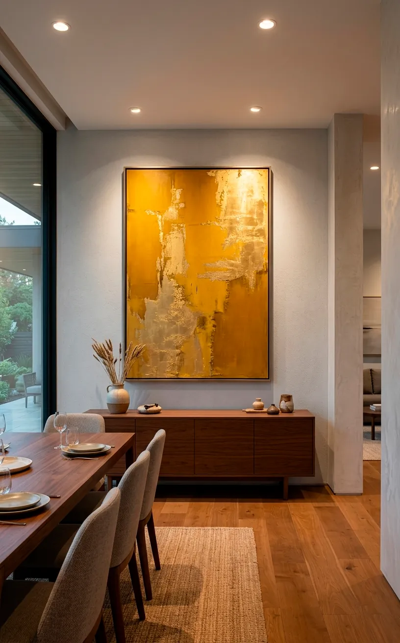 Large abstract mustard yellow and gold painting hanging in a modern dining room.