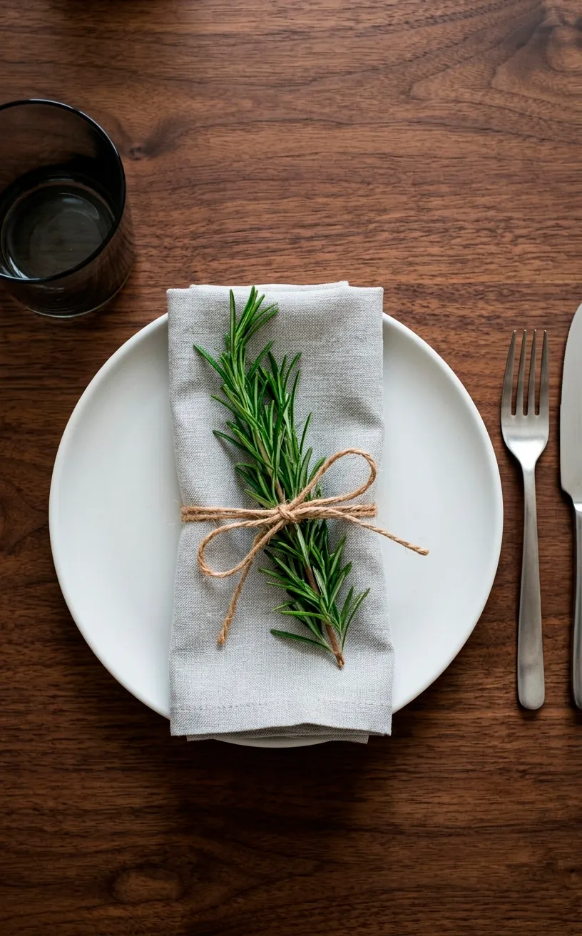 Linen napkin tied with twine and a fresh rosemary sprig on a white plate.