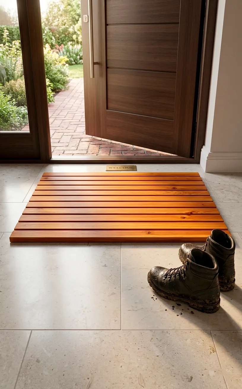 A durable cedar wood slat welcome mat on a foyer floor.
