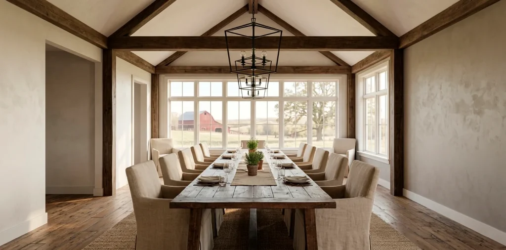 A wide shot of a modern farmhouse dining room with neutral walls and a rustic wooden table.