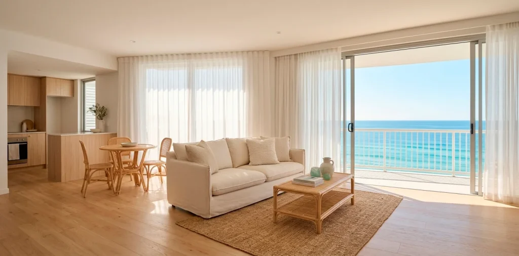 Bright coastal studio apartment with ocean views, white linen curtains, and rattan furniture.
