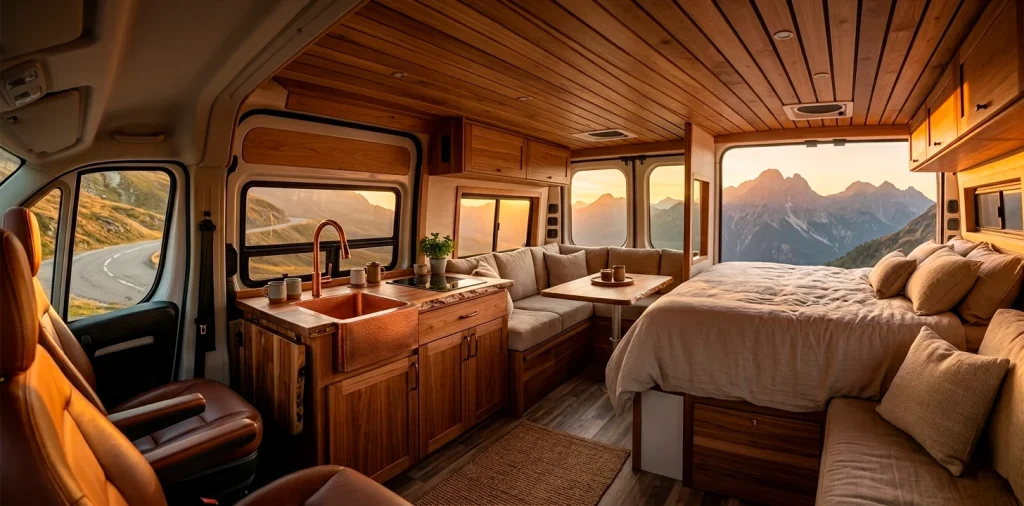 Luxurious camper van interior with wood ceilings and mountain views through the windows.