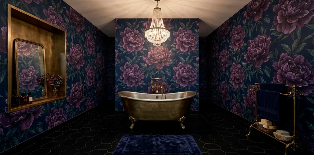 Luxurious moody bathroom with dark navy floral wallpaper, brass clawfoot tub, and warm ambient lighting.