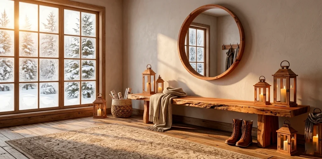 A cozy winter foyer decorated with various rustic cedar wood furniture and natural accents.