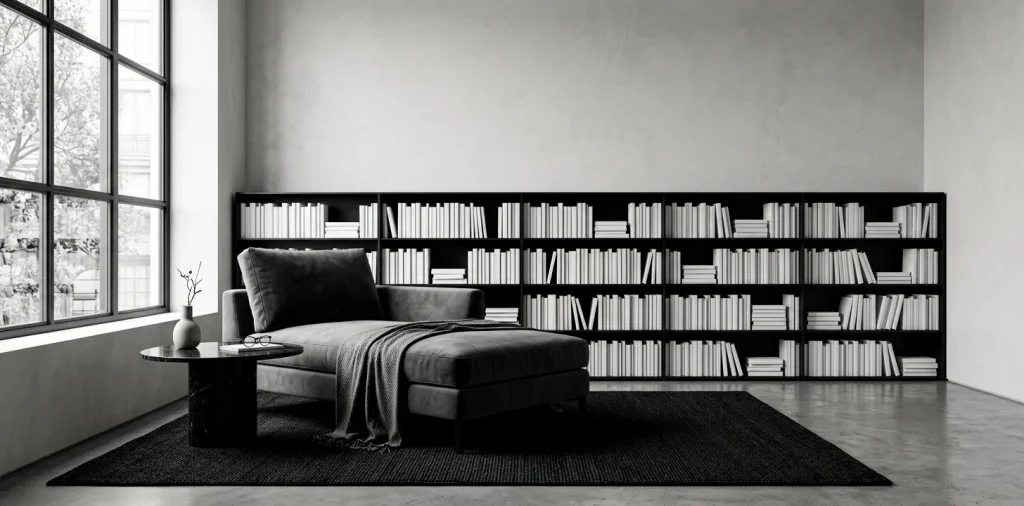 Wide view of a luxury monochrome reading nook with charcoal velvet chaise and minimalist black decor.
