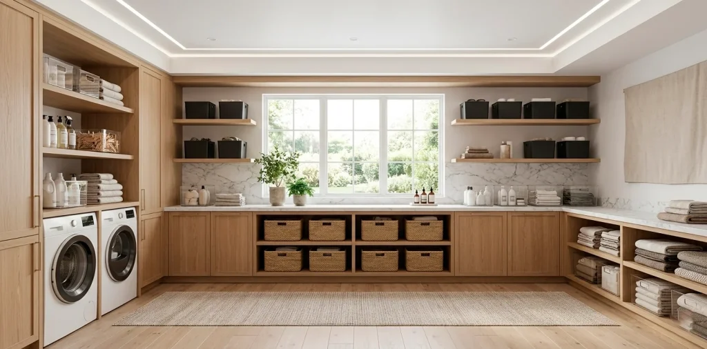 A luxurious and organized laundry room featuring stylish storage bins on open oak shelving.