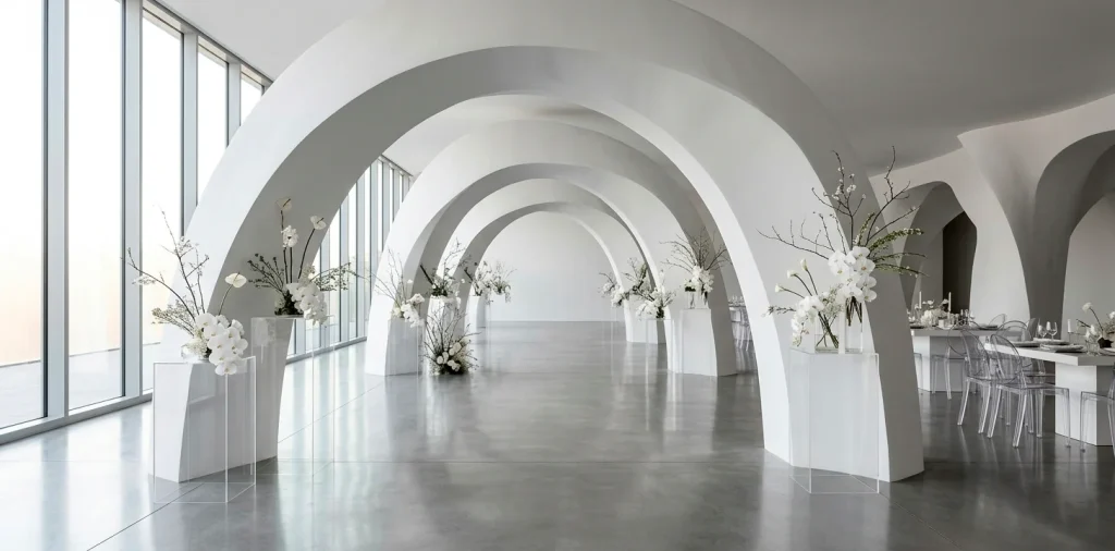 Wide view of a modern wedding hall featuring sculptural white arches and minimalist art-focused decor.