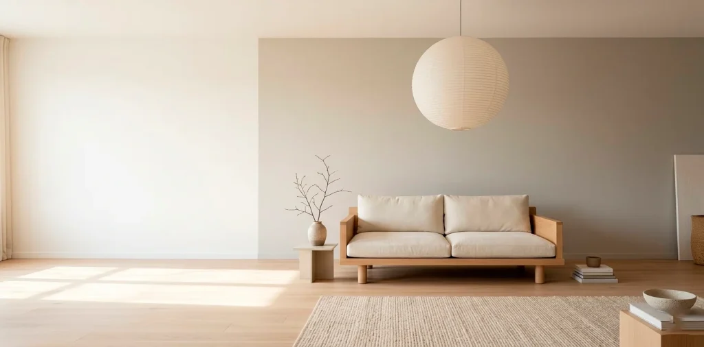 Wide panoramic Japandi living room with neutral paint colors and minimalist oak furniture.