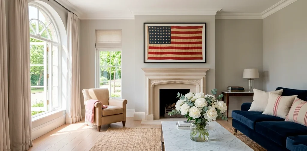 Sophisticated Memorial Day living room with navy velvet sofa and framed vintage flag decor.