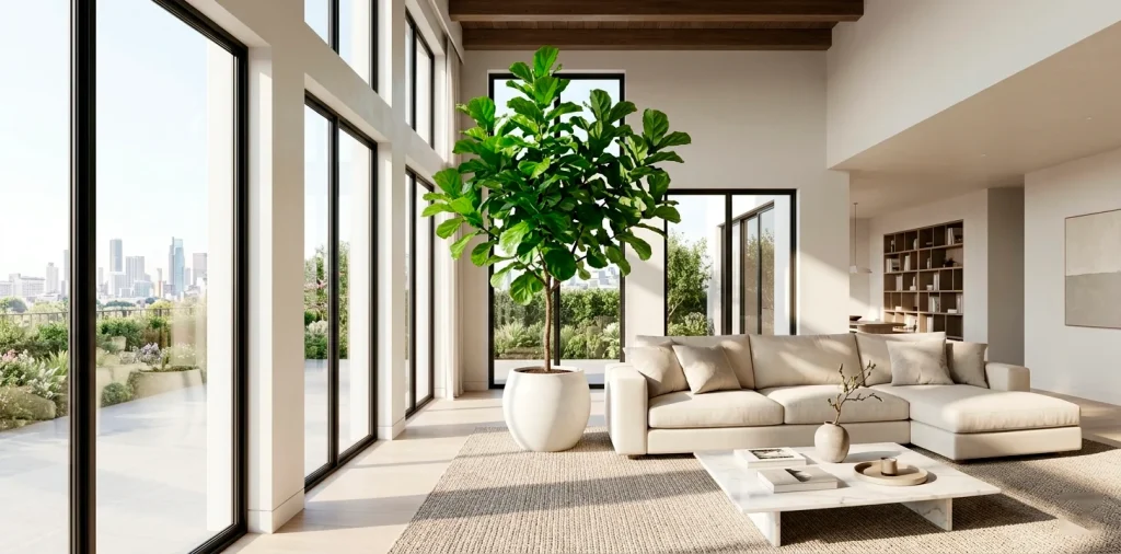 A massive Fiddle Leaf Fig tree anchoring a bright, luxury modern living room with high ceilings.
