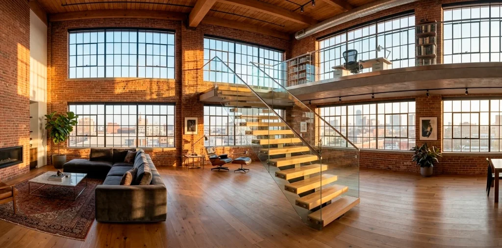 Wide horizontal view of a modern urban loft featuring a designer floating wood and glass staircase in sunlight.