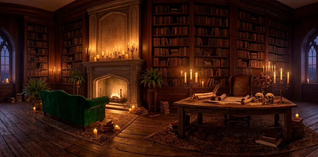 Wide panoramic dark academia living room with bookshelves, candles, and cozy Halloween gothic decor.
