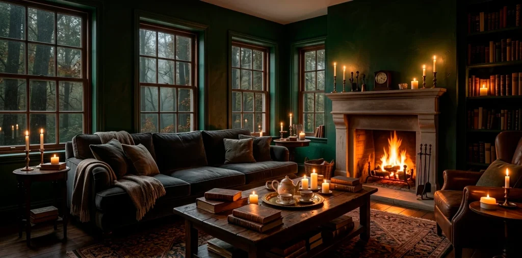 Wide panoramic view of a moody dark cottagecore living room with green walls, velvet sofa, and autumn forest view.