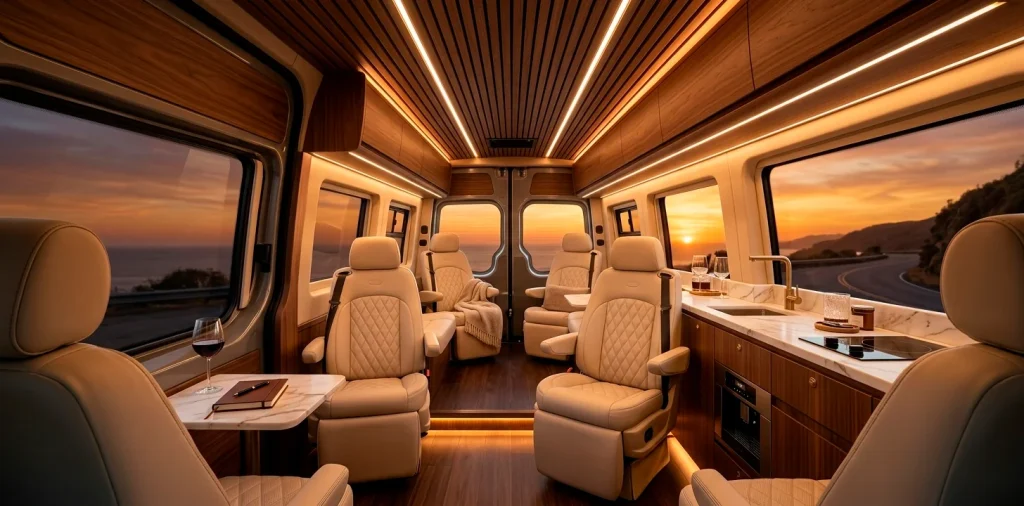 Luxurious Sprinter van interior with walnut ceiling and marble counters under sunset light.