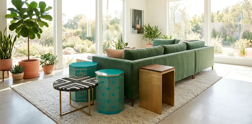 Wide panoramic view of a modern living room featuring various designer side tables with bold geometric patterns and vibrant colors.