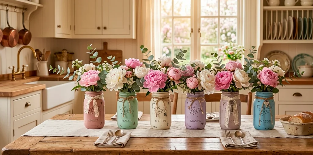 Repurposed vintage glass jar vases filled with peonies on a rustic farmhouse table for Mother's Day.