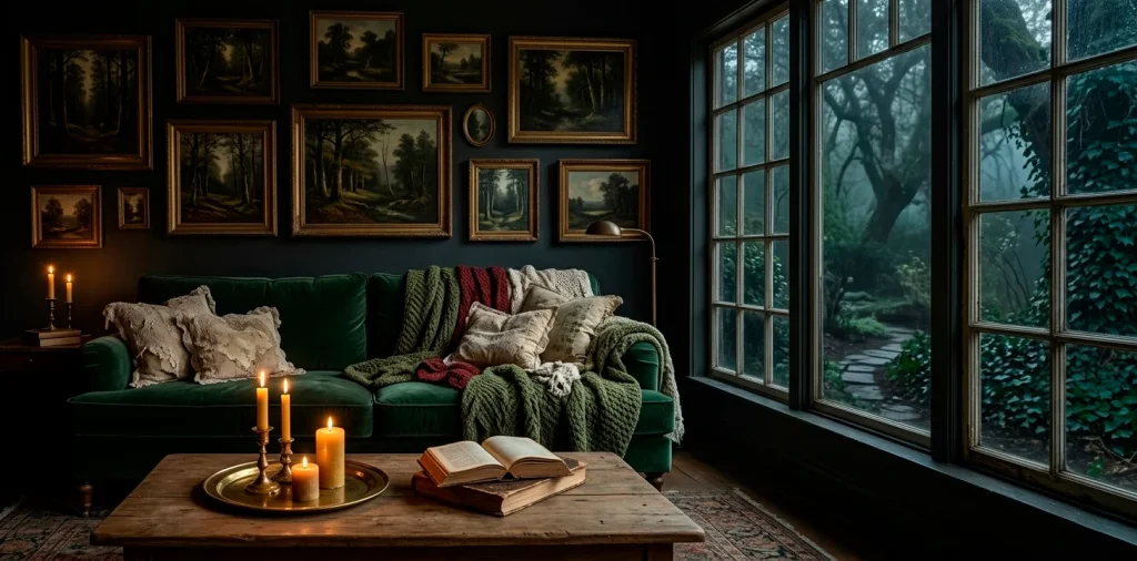 Moody dark cottagecore living room with green velvet sofa, vintage art, and warm candlelight.