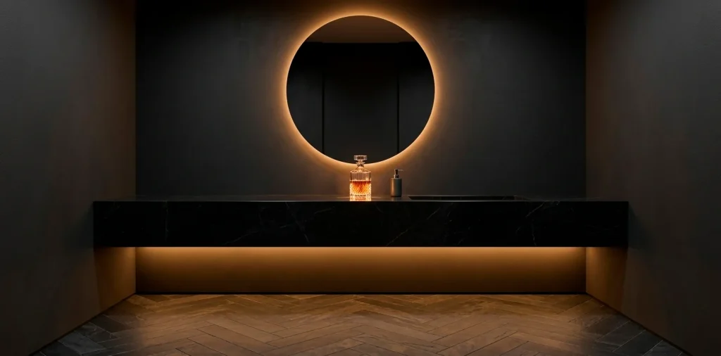 Wide panoramic shot of a sultry black powder room with gold lighting and matte charcoal walls.