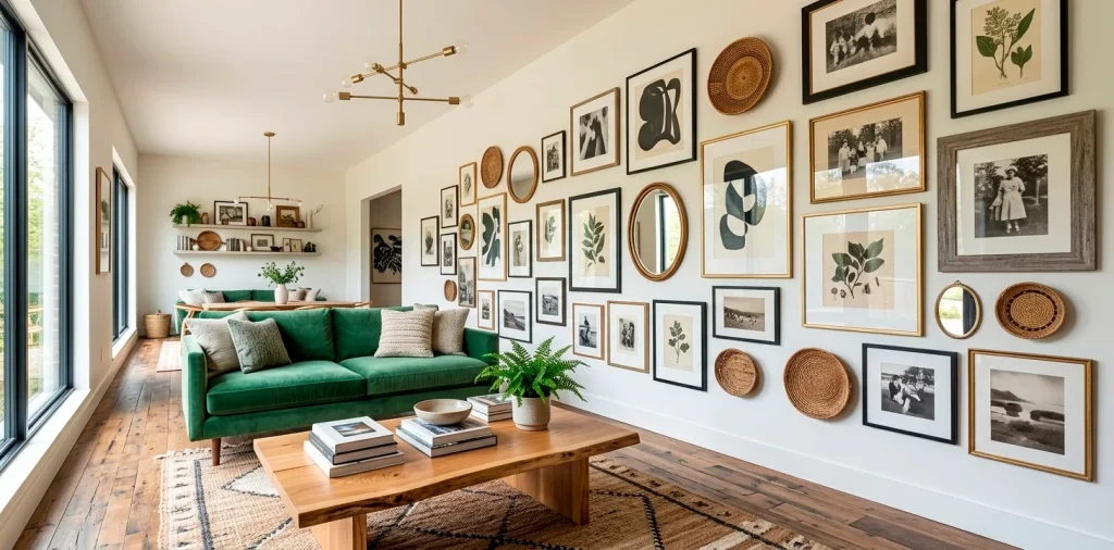 Large eclectic asymmetrical gallery wall in a modern living room with a green velvet sofa and art.