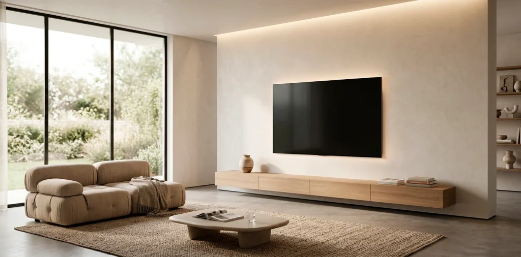 Modern seamless living room TV wall with flush-mounted screen, floating oak console, and warm ambient lighting.