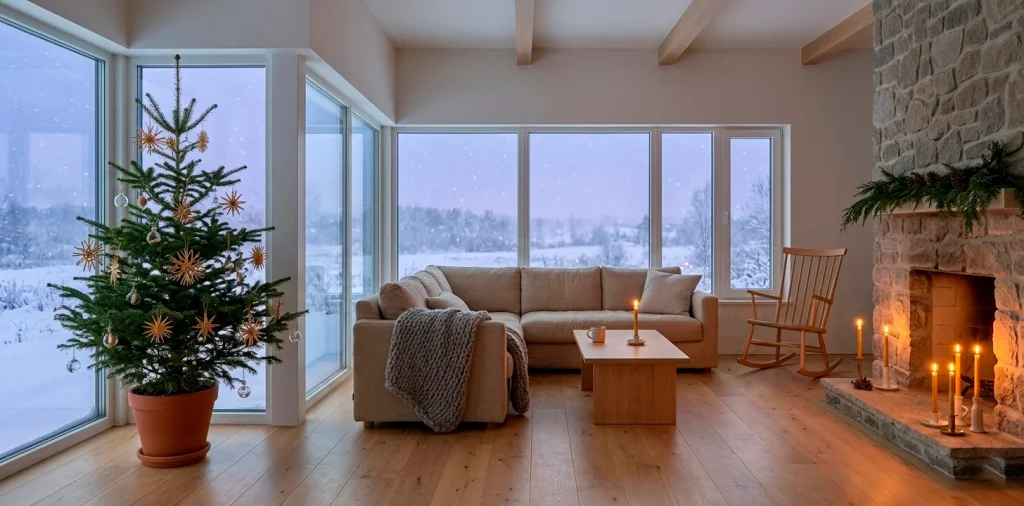 Sustainable Scandi Christmas living room with natural decor and warm candlelight.