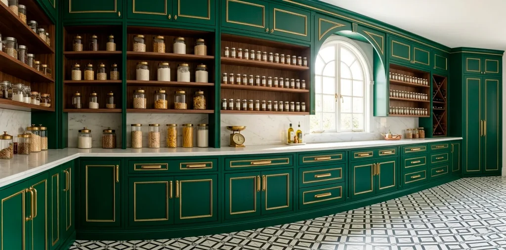 Luxurious Art Deco pantry with emerald cabinets, brass hardware, and geometric tile flooring interior.