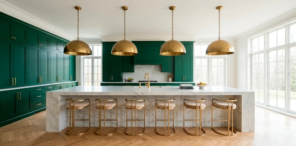 Luxurious emerald green kitchen with gold metallic accents and marble island in a bright, modern home.