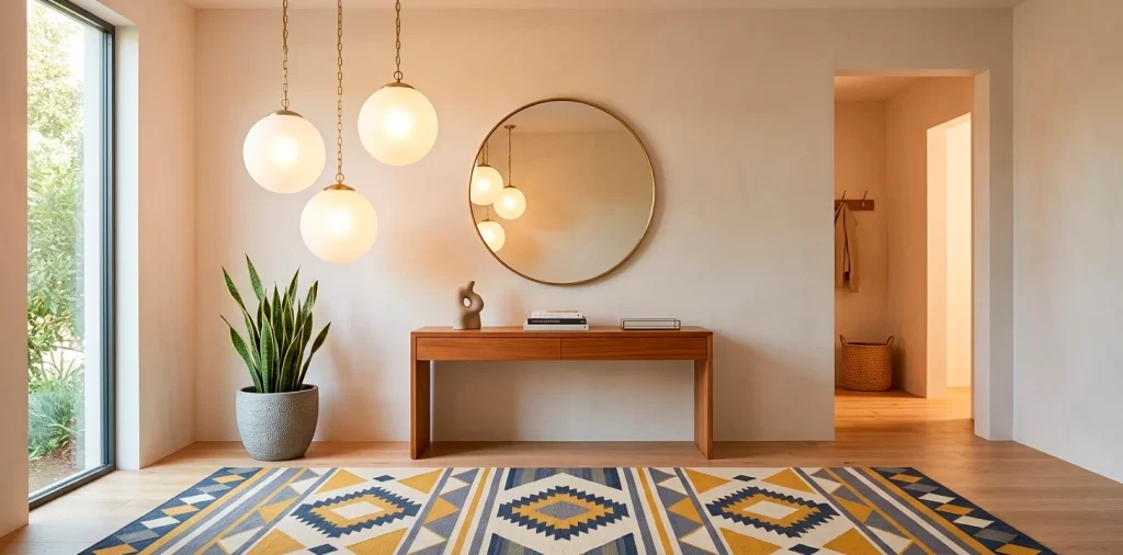 Large frosted glass globe pendants hanging in a bright Mid-Century Modern entryway with teak furniture.