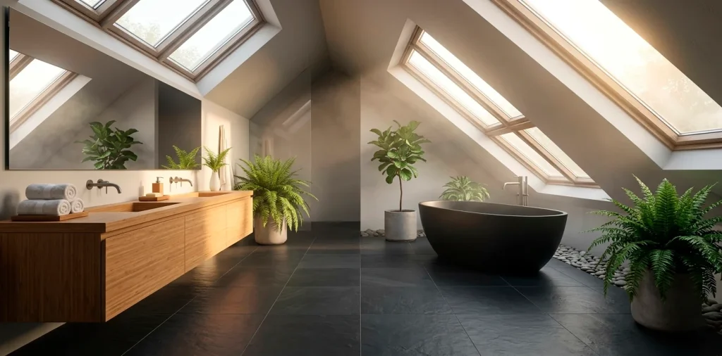 Modern Zen attic bathroom featuring dark slate floors, bamboo accents, and a large skylight with natural light.
