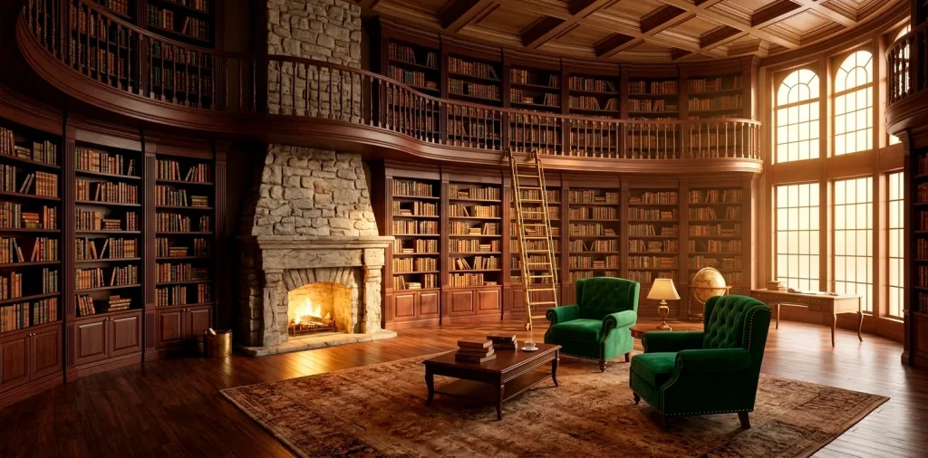 A luxurious grand home library featuring dark wood shelves, a rolling ladder, and velvet chairs.
