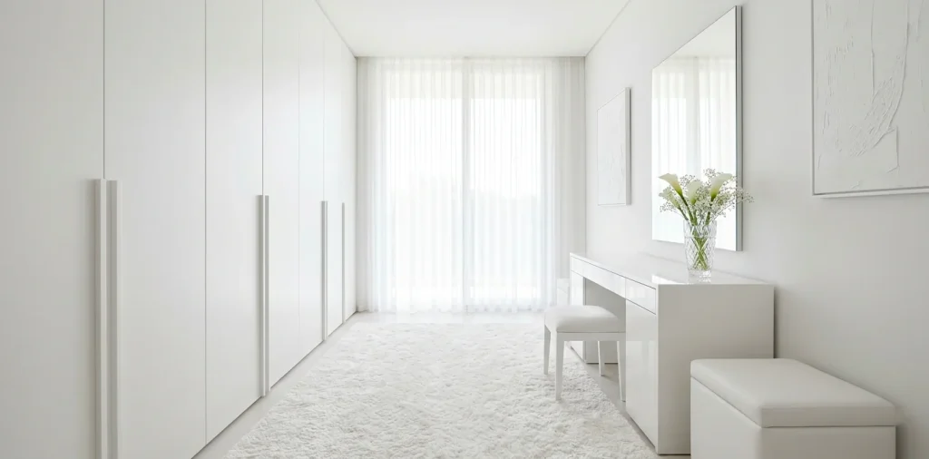 Wide view of a bright white-on-white small dressing room with modern storage and airy aesthetic.