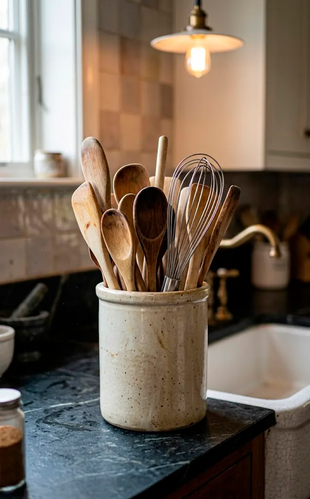 Cream stoneware crock filled with wooden kitchen utensils on a counter.