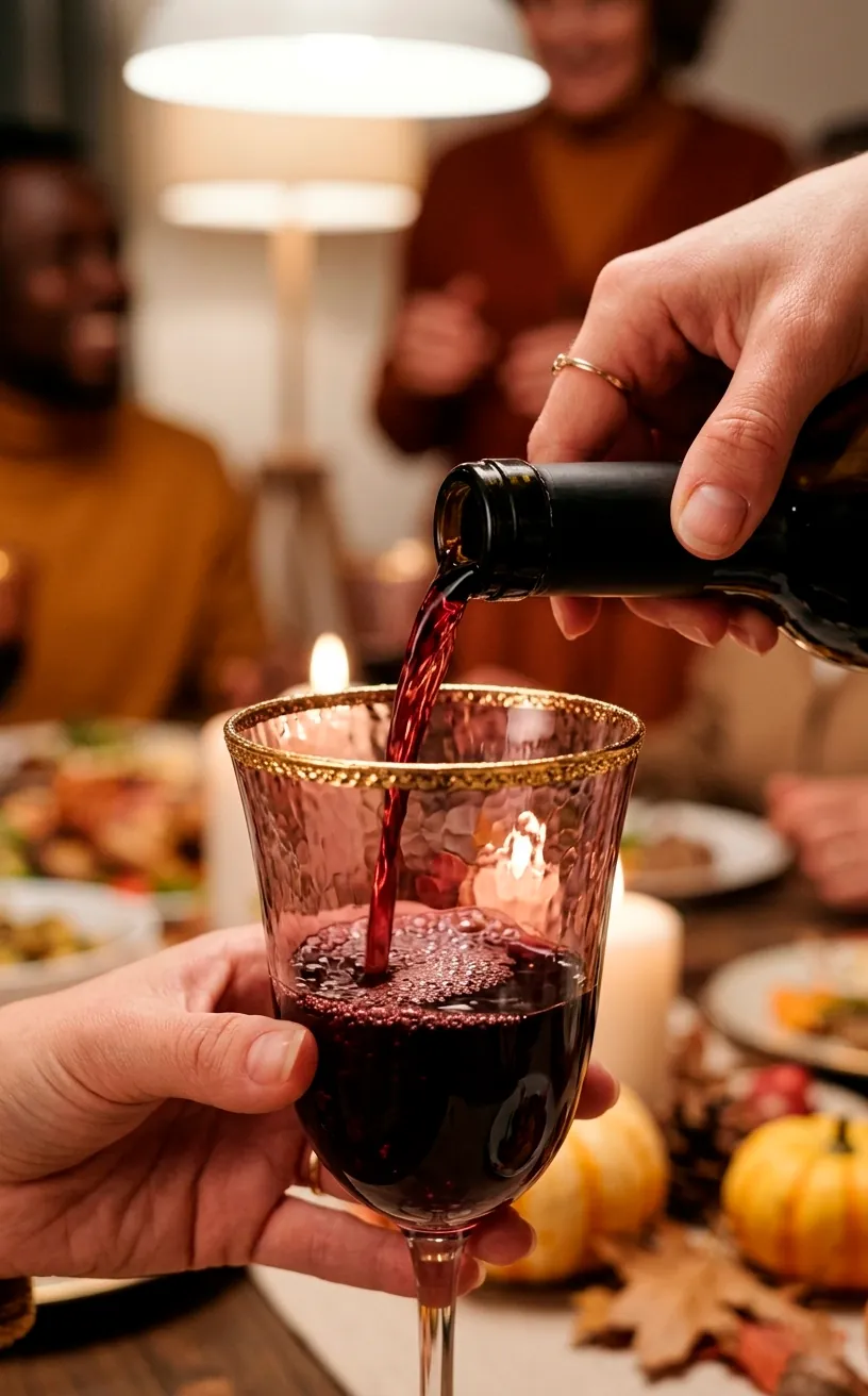 Pouring wine into an ornate gold-rimmed plum glass goblet.