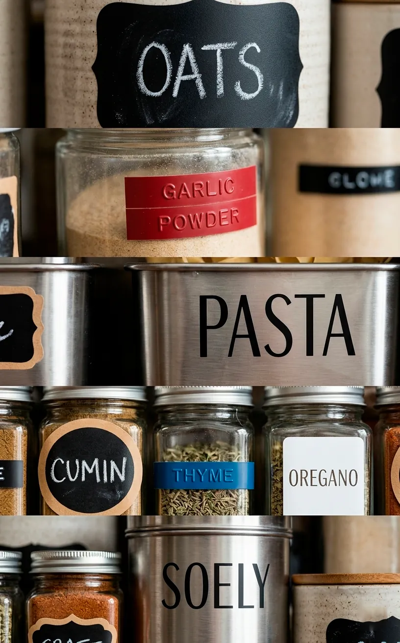 Different styles of pantry labels on glass and plastic containers.