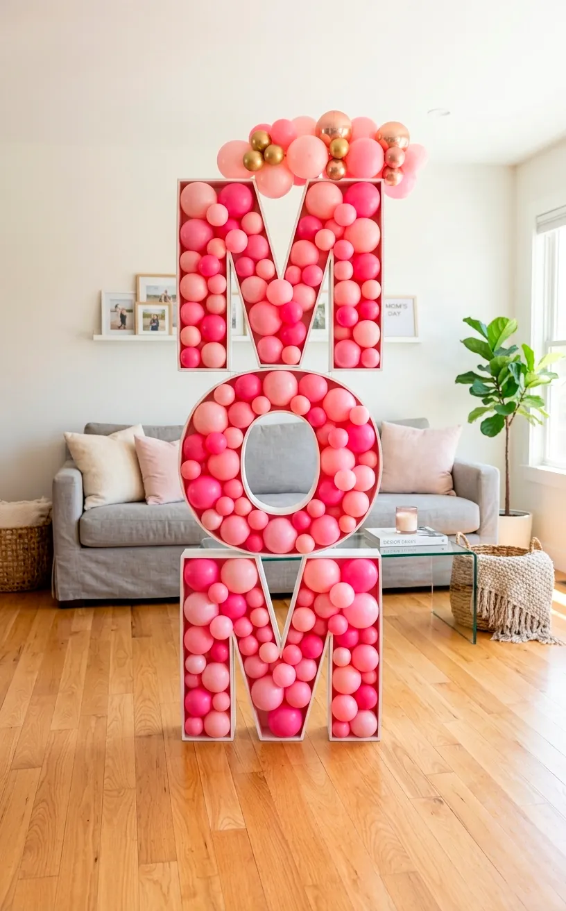 Large MOM letters filled with pink balloons as a Mother's Day brunch backdrop.