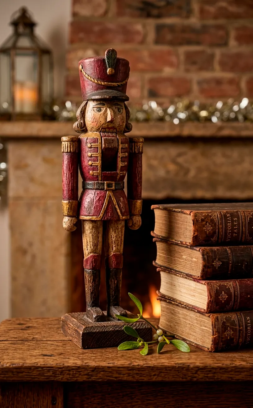 Hand-painted traditional nutcracker standing on a mantel next to old books.